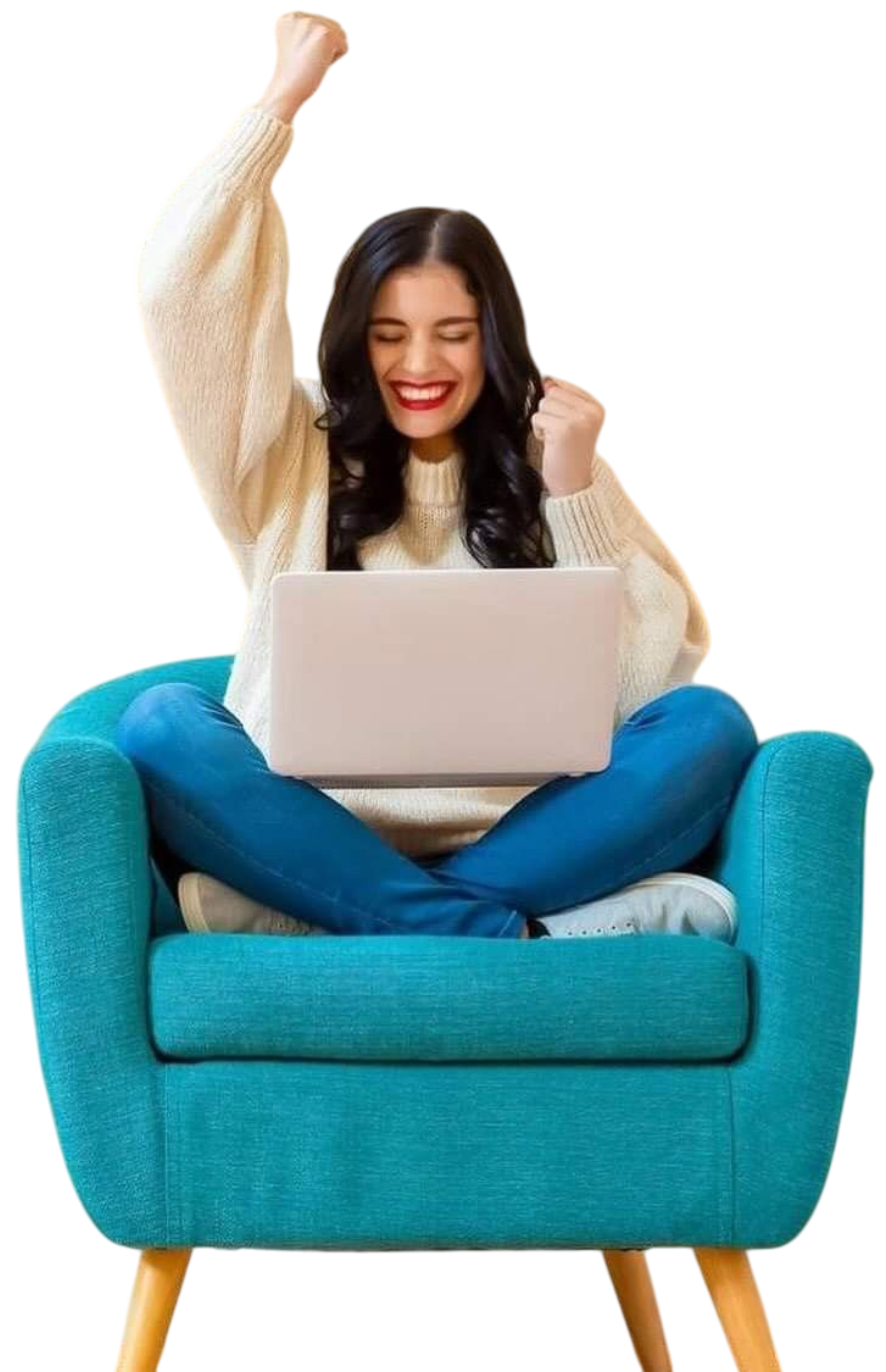 Woman sitting on blue armchair with laptop